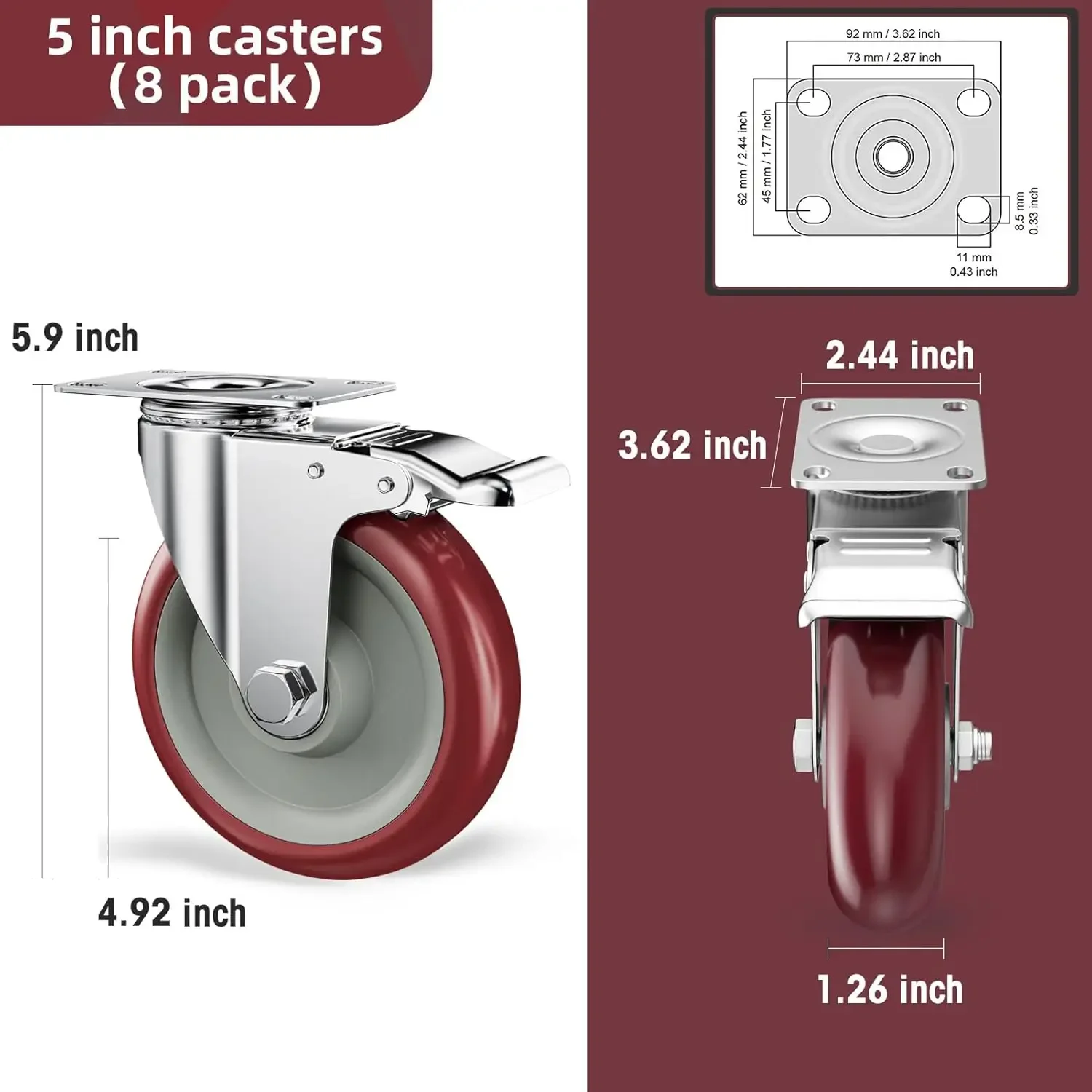 Set of 8 Heavy Duty - Caster Wheels 5 Inch, CLOATFET Locking Casters, Swivel Casters with Brake (Top Plate), Double Ball