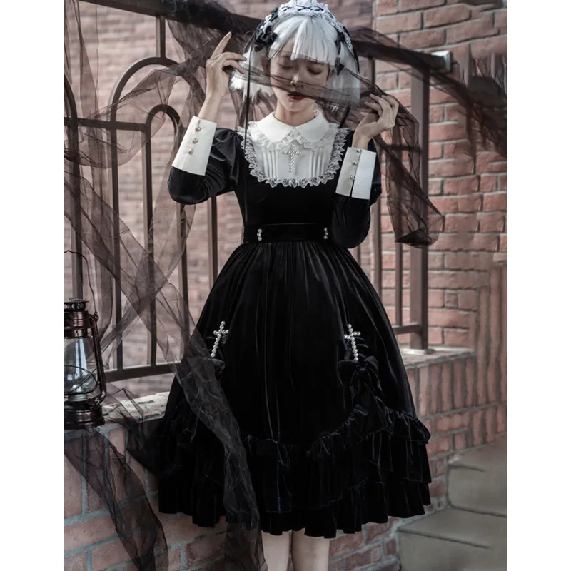 

Original Gothic Lolita Dress Retro Long Sleeve Velvet Dark Lolita Princess Dress Vintage Cross OP Dress Halloween Costume