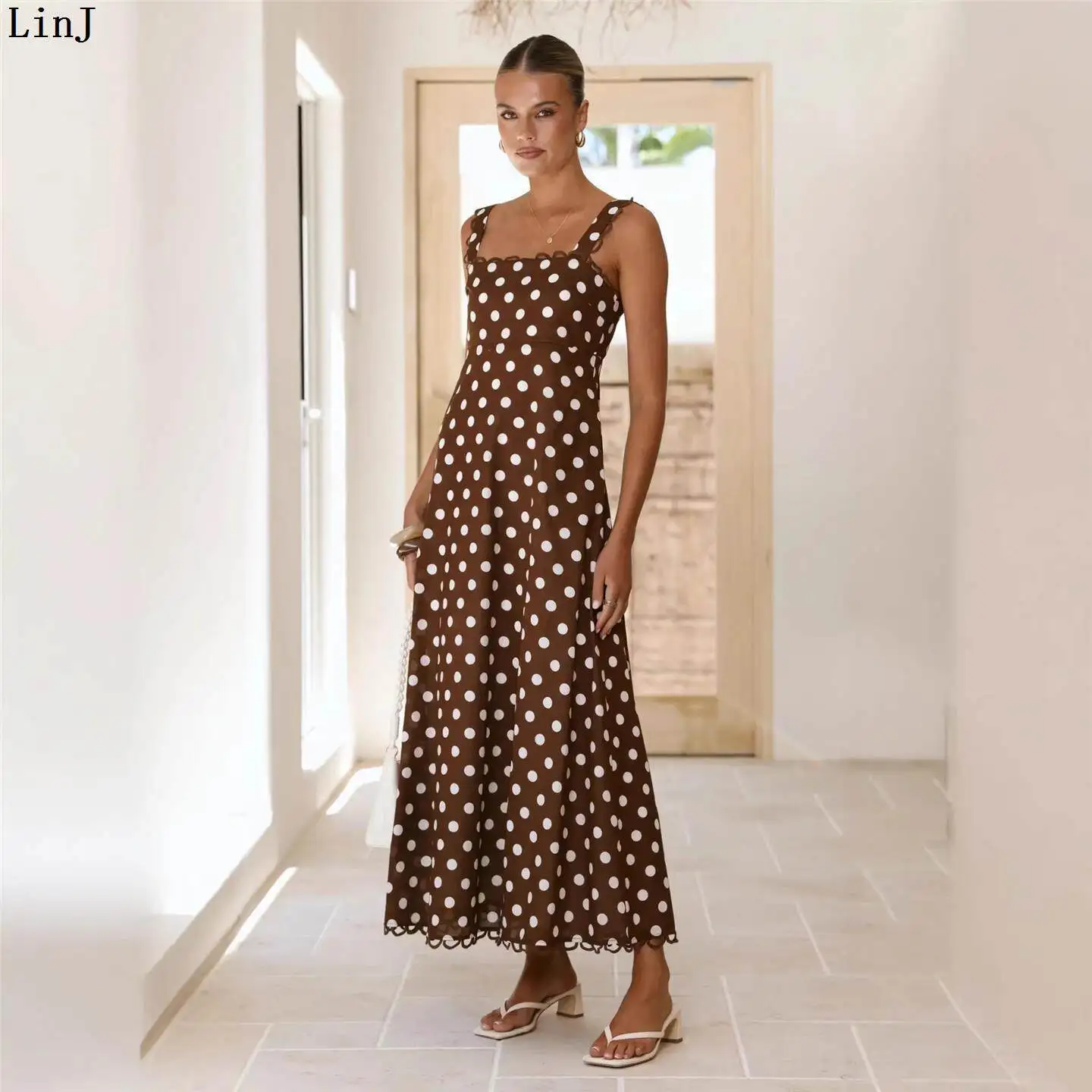 

Spicy Girl Summer New Polka Dot Print A-Line Skirt Dress Elegant Floral Dress European Style Casual Midi Dress for Middl...