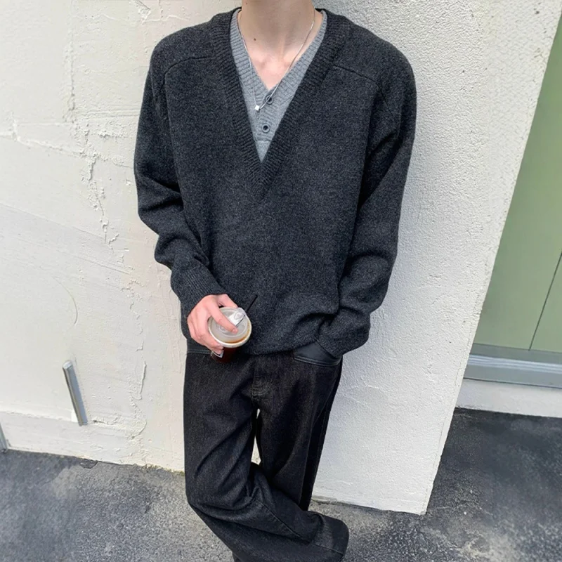 

Dark GrayVFake Two-Piece Knitted Sweater Men, Autumn Outfit, Korean Style, College Style, Casual Base Sweater