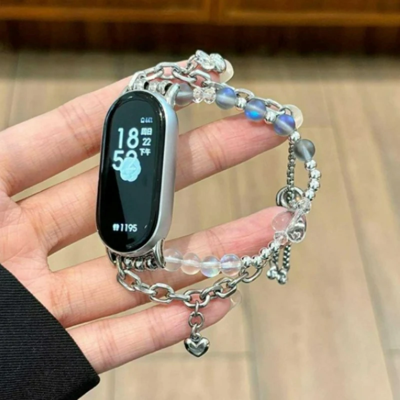 Adjustable Bead Bracelet for Xiaomi Mi Band 10 9 8 Metal Chain Heart Charm Strap for Huawei Watch GT 6 5 4 46mm 18 20 22mm Wrist