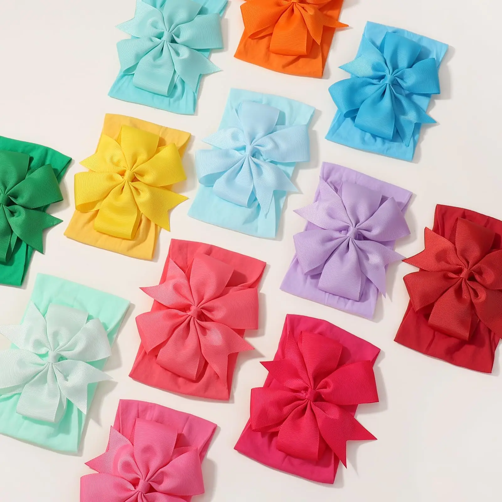 20 Stück Zufällige Farben Große Schleifen-Stirnbänder für Babymädchen, Breiter Nylon-Turban, Neugeborenen-Schleifenkopfbedeckung, Haaraccessoires – Detail 4