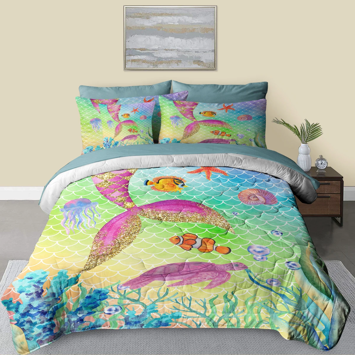 8 Piece Cartoon Marine life with Pink Mermaid Tail Printed Quilt Set for Girls Kids Suitable for All Seasons Home Collection