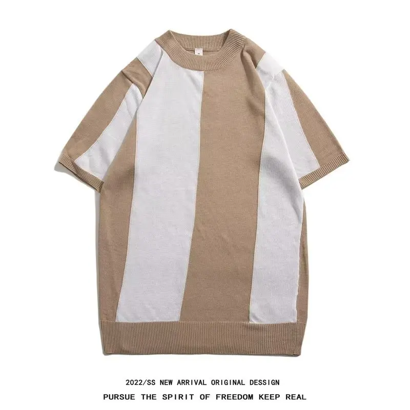 Fashion New Striped Silk Short Sleeve-Shirt Casual Simple Men'S Top Trendy Knitted Shirt