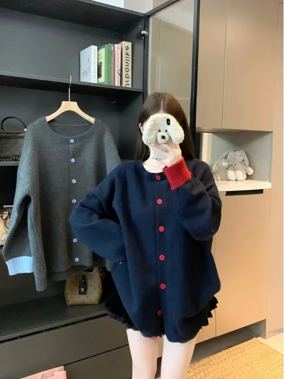 

Женский свитер больших размеров в стиле оверсайз с цветными блоками, осенне-зимний, новый, свободный, универсальный, вязаный топ, модный, с завышенной талией, на пуговицах