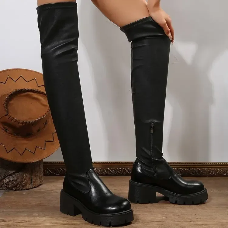 2026 Neue Overknee-Stiefel für Damen, Weiches Kunstleder, Seitenreißverschluss, Runde Zehenpartie, Damen-Alltagsstiefel mit Plateau und dicker Sohle, Lange Stiefel – Detail 7