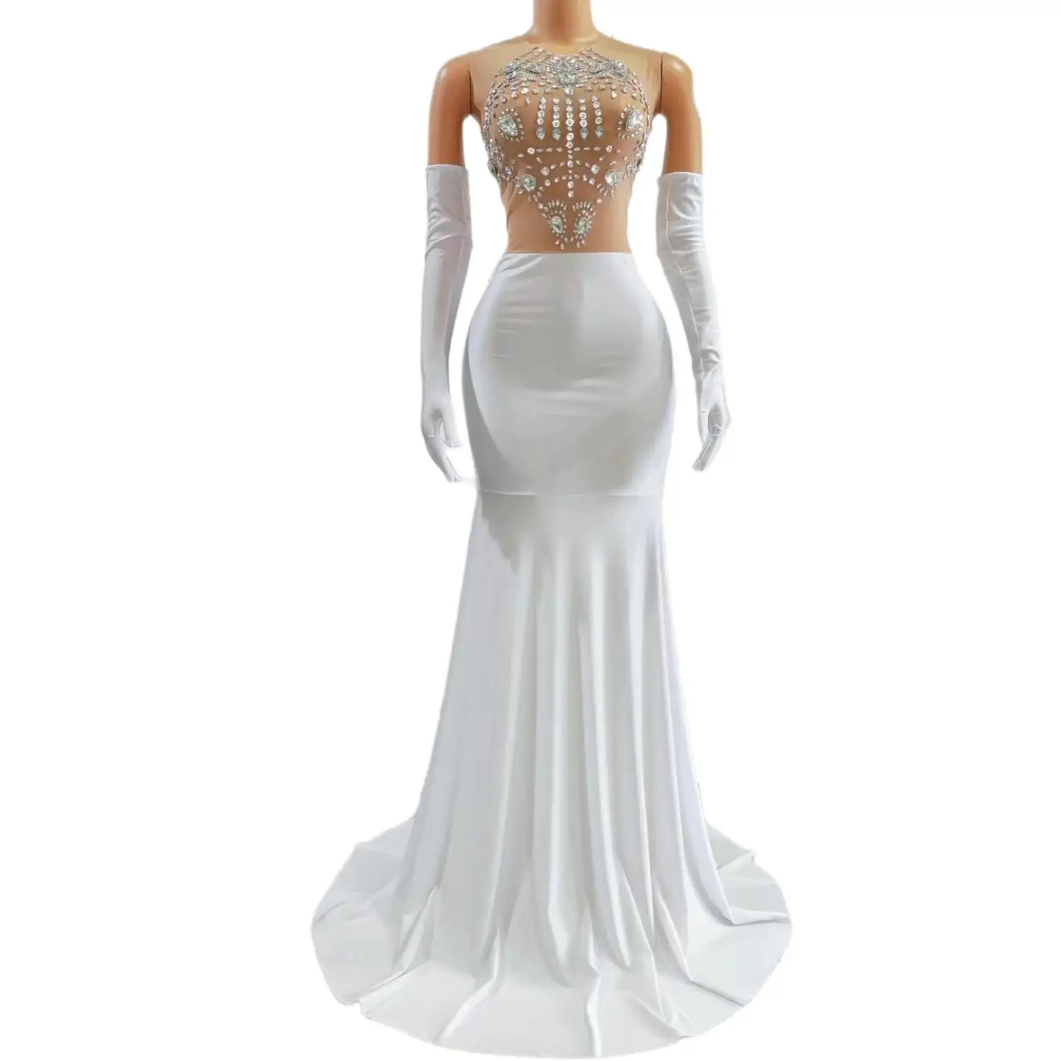 

PingpangWomens Luxury White Rhinestone Sheer Mesh Mermaid Maxi Dress Formal Evening Party Prom Gown With Gloves