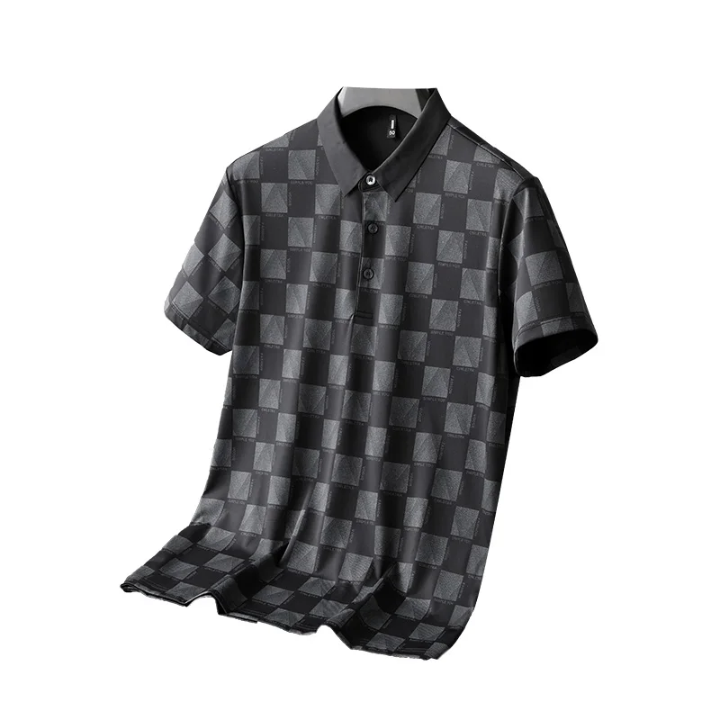 Plaid Printed Fashion Business Polo Shirt Men's 2024 Summer Thin Breathable Trendy Lapel Casual T-shirt