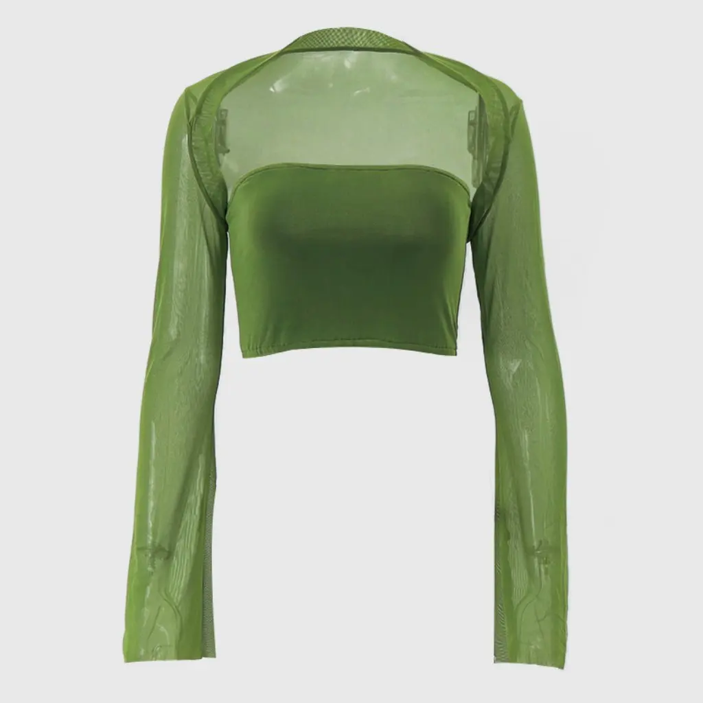 

Women's European And American-Style Sexy One-collar Tube Top Long Sleeve T-shirt Set Base Vest Stitching Mesh Horn Design