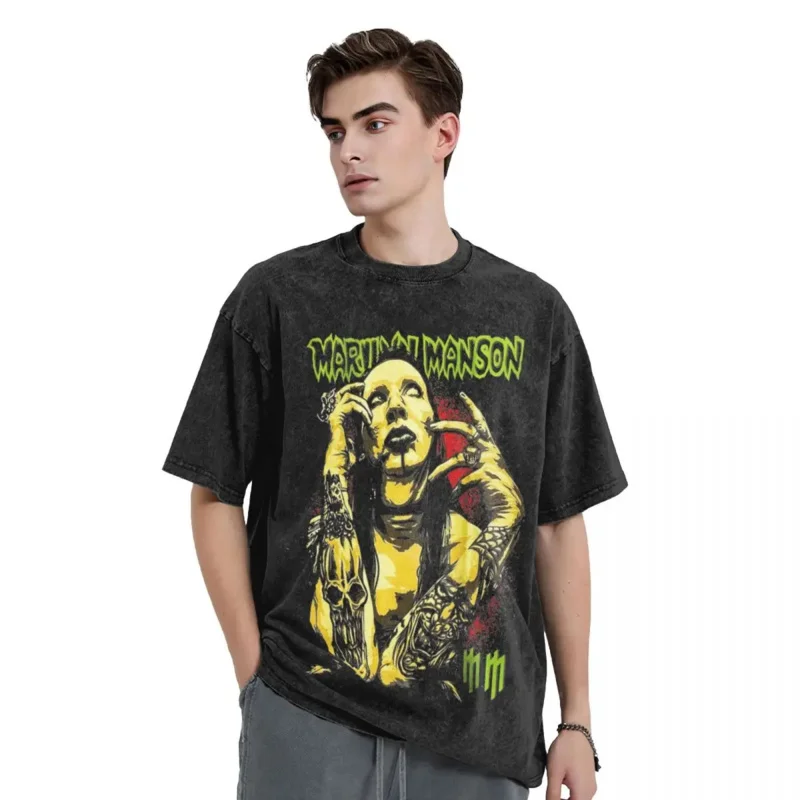 Washed T Shirt Marilyn Manson Hip Hop Vintage T-Shirt Oversize Streetwear 100% Cotton Graphic Tops Tees for Men Women