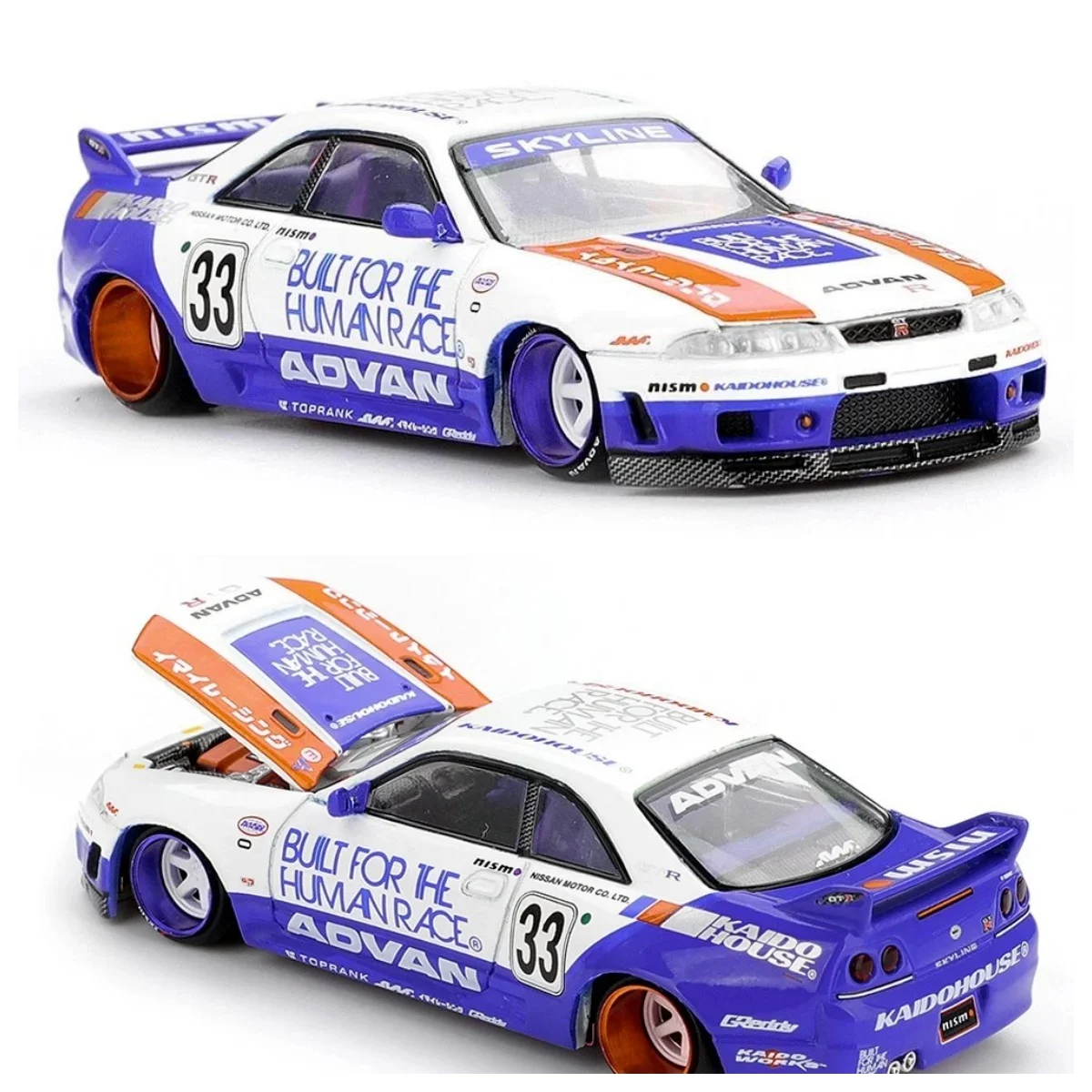 1/64 Kaido House x Mini GT Skyline GT-R R33 BFTHR V1 White / Blue KHMG213 Diecast Model Car Collection Limited Edition Alloy