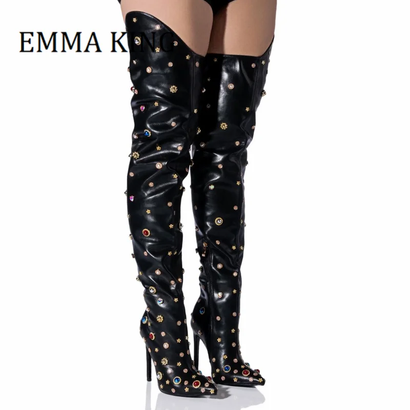 Women Rhinestone Thigh High Boots Sexy Pointed Toe Stilettos Over The Knee Boots Ladies Luxurious Dress Shoes Botas De Mujer