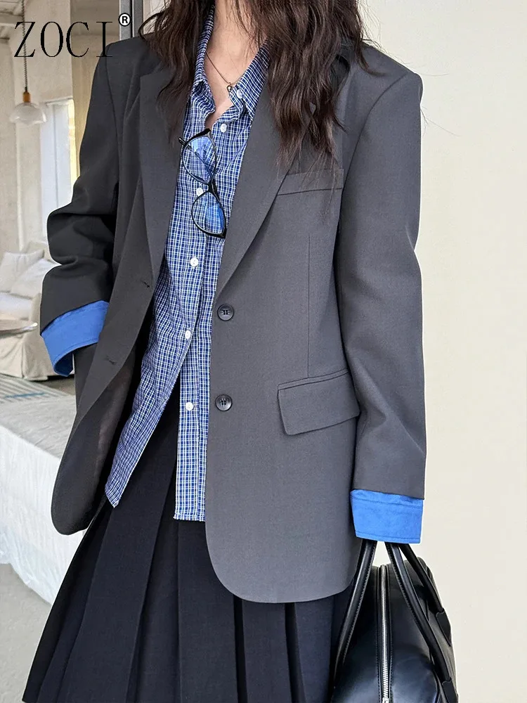 

ZOCI Office Lady Blazer For Women Notched Single Breasted Cuff Patchwork Design Solid Color Suit Coats 2025 Trend New FC1305