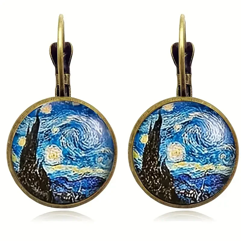 Vintage Anitique Gold Plated Starry Night Sunflower Glass Earrings For Women Classic Van Gogh Jewelry Accessories