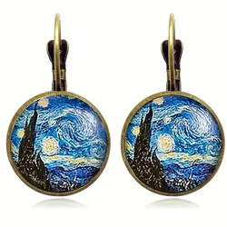 Vintage Anitique Gold Plated Starry Night Sunflower Glass Earrings For Women Classic Van Gogh Jewelry Accessories