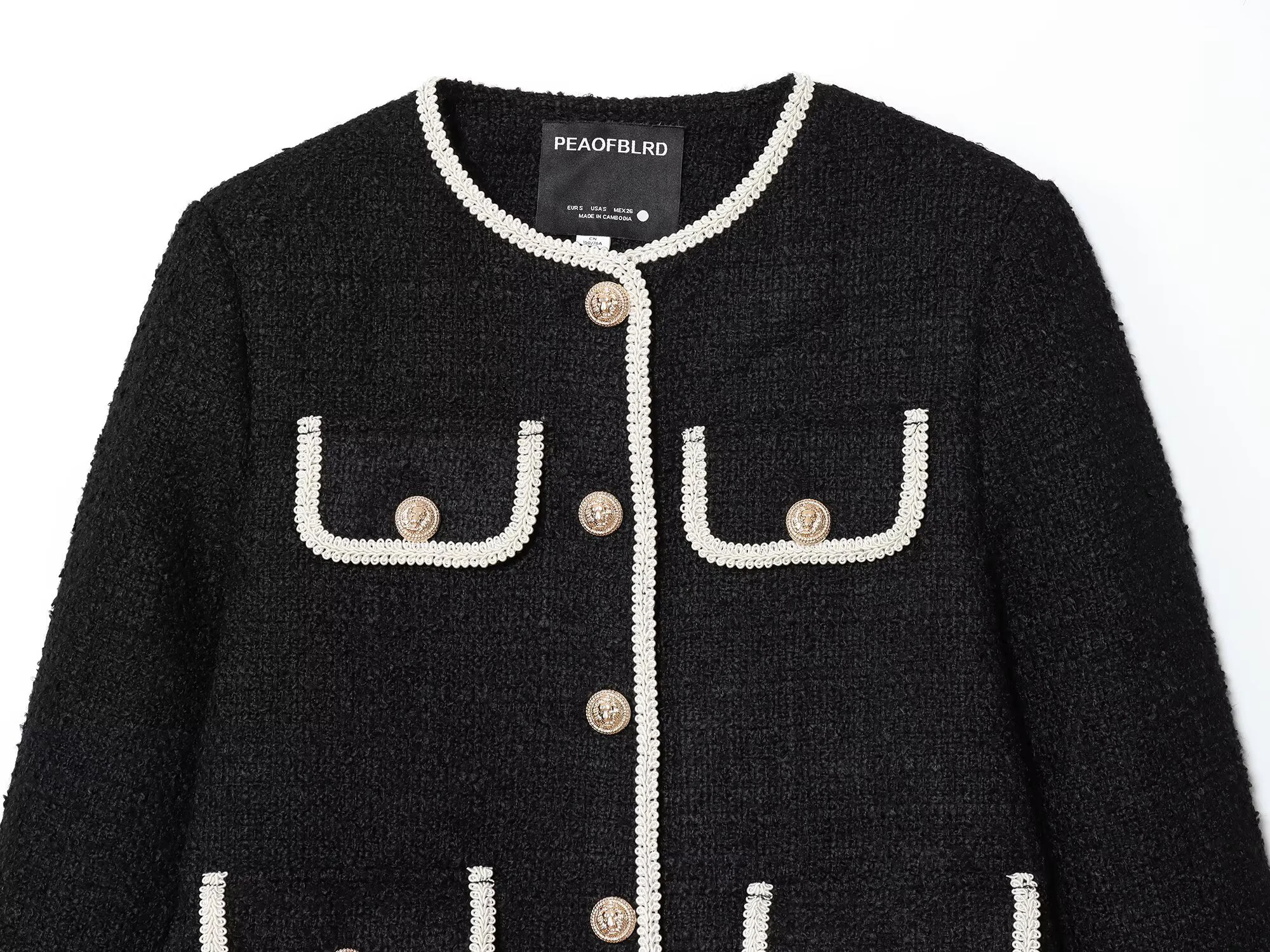 ZERAINS French temperament small fragrance style contrasting color round neck casual jacket spring new lace coarse woolen top