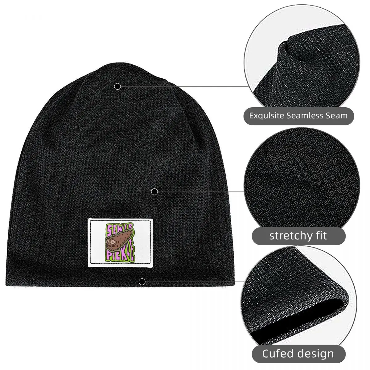 Sewer Pickle Waffle Knit Fleece Lined Beanie with PU Leather Patch Unisex Warm Winter Soft Cap