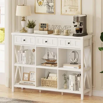 ชั้นวางหนังสือ 6 Cube Storage 3 ลิ้นชัก, ตู้หนังสือแนวนอนยาว, ชั้นวางของ Cubby Organizer ที่ทันสมัย (ไม้โอ๊คสีขาว, 47 นิ้ว)