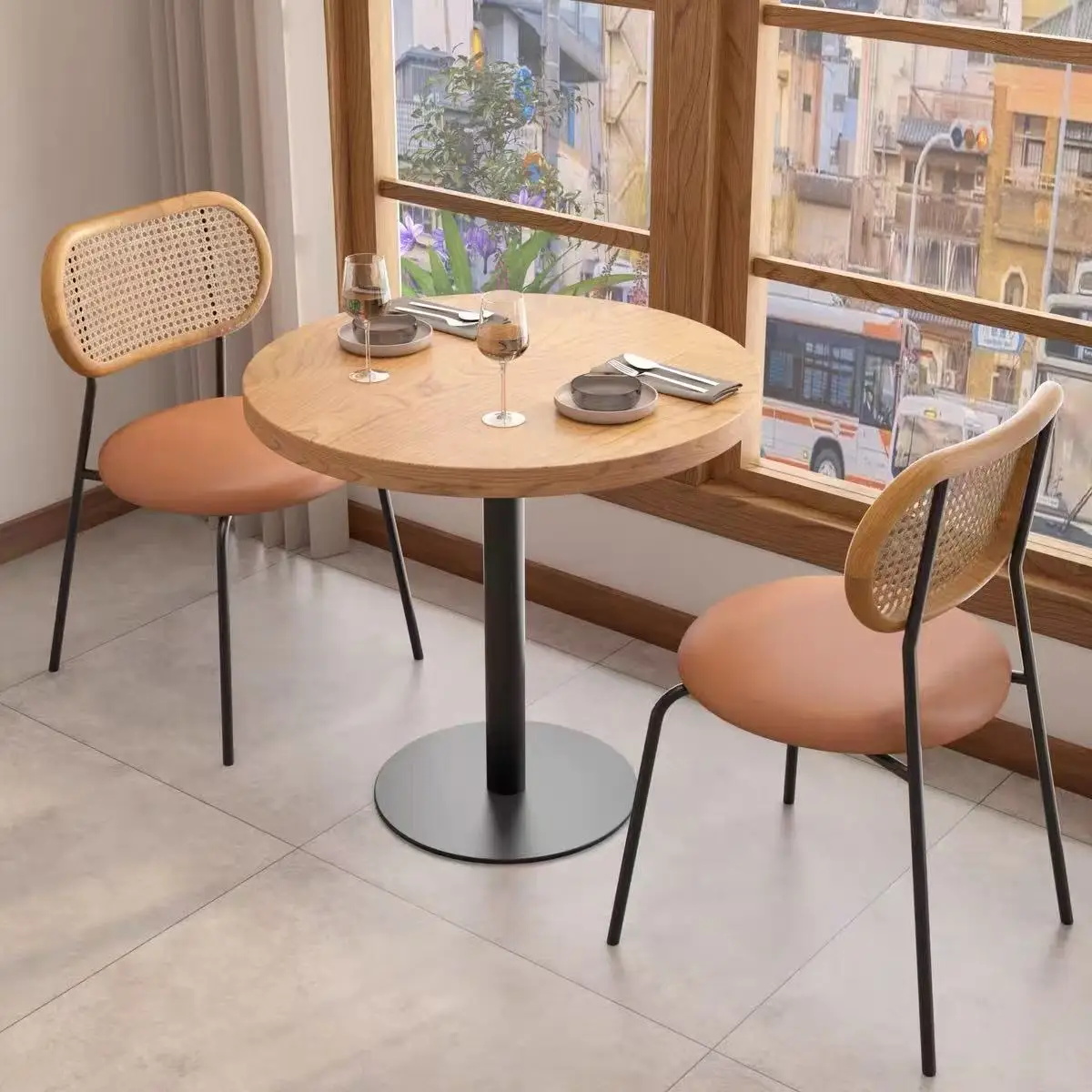 Solid wood small square table cafe milk tea shop one table and two chairs rattan commercial restaurant square dining table