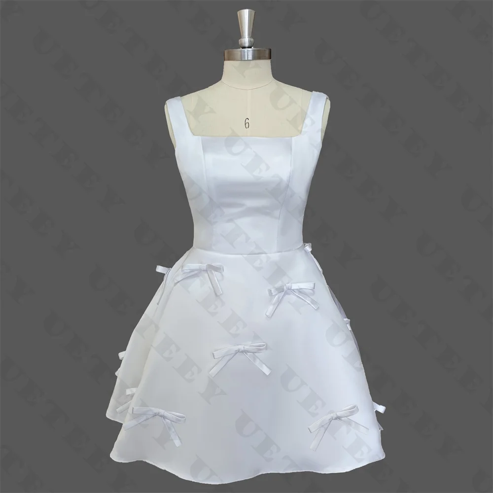 UETEEY Customized Simple Square Neck Bows Satin A Line Mini Wedding Dress Open Back Above Knee Bridal Gown Party Dress