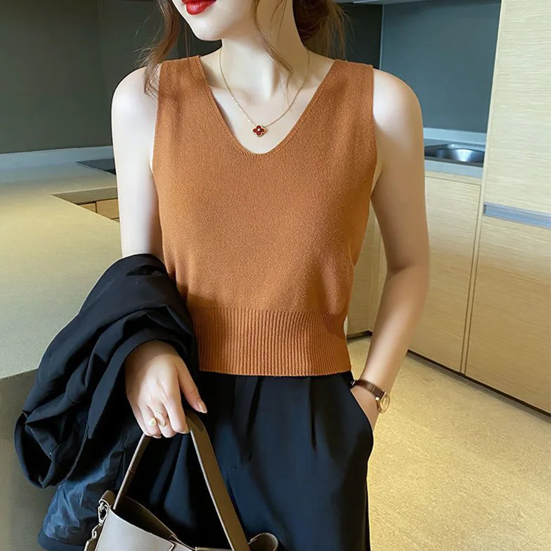 2024 New Summer Office Lady Simplicity Oversized High Waist Tank Top for Women Solid Knitting V Neck Sleeveless Y2K Chic Tops