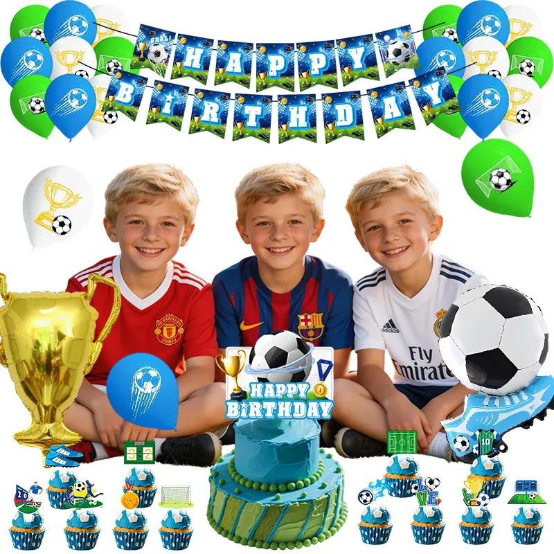 Fußball-Geburtstagsparty-Dekorationen Fußball-Tischgeschirr Teller Becher Tischdecke Ballons Hintergrund-Banner Geschenktüten Jungen-Partyzubehör – Detail 3