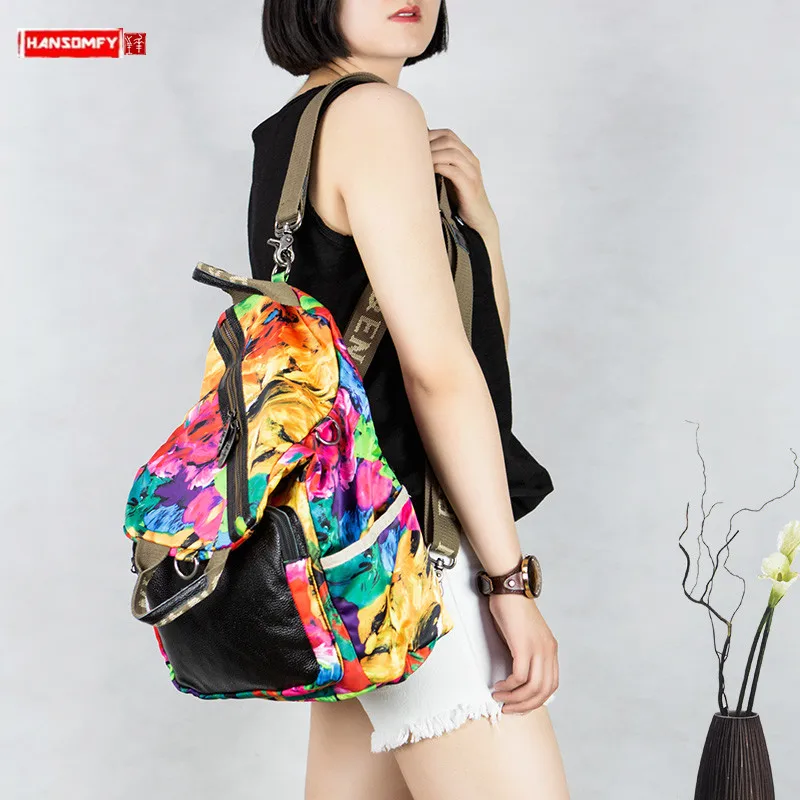 2024 New Canvas with Leather Women Backpack Female Bag Fashion Backpacks Canvas Shoulder Bags Top Layer Cowhide Plant Flower Big