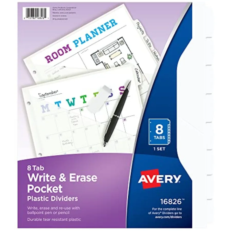 

Durable Plastic 8 Tab Write and Erase Dividers for 3 Ring Binders, Slash Pocket, Translucent White, Works with Sheet Protectors