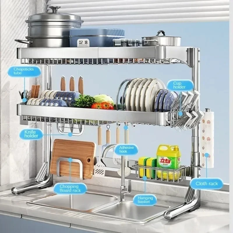

Телескопическая двухслойная полка для хранения посуды, многофункциональная полка для хранения раковины из нержавеющей стали 304, кухонная организация g