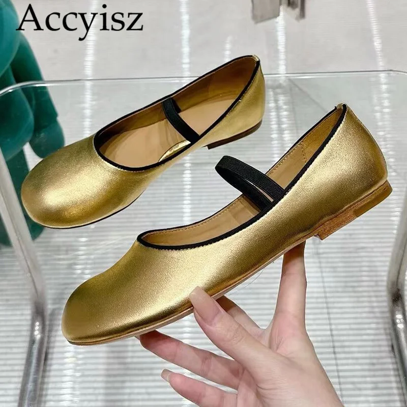 

Spring leather flat bottomed elastic band round toe solid color Mary Jane shoes fashionable and lightweight single shoes 2024