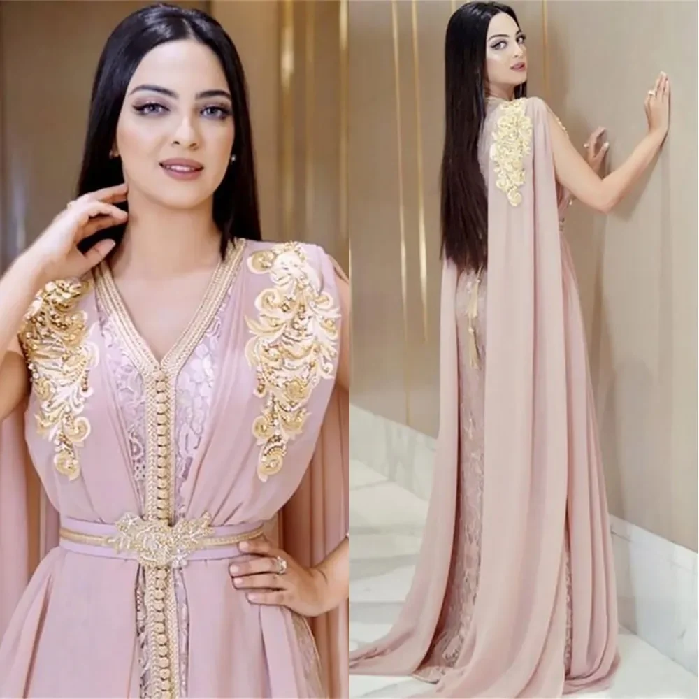 Customized Beaded Muslim Long Evening Dress Chiffon V-neck Formal Ball Dress Luxury Dubai Moroccan Women's Dress