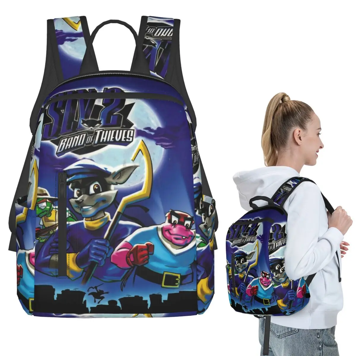 Mochila escolar con diseño de cómic de Sly Cooper, con personajes como el zorro, el mapache, la tortuga y el hipopótamo, estilo manga y anime, ideal para niños y niñas, para llevar libros, un ordenador portátil o como bolso de hombro.