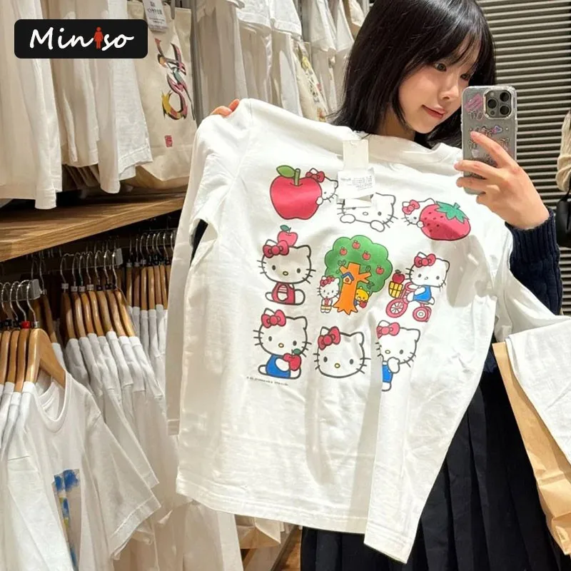 Cotton Cartoon Hello Kitty Graphic T Shirts Woman Clothes Long Sleeve 2000s Clothes Y2k Tees Female Clothing Autumn Tops T-shirt