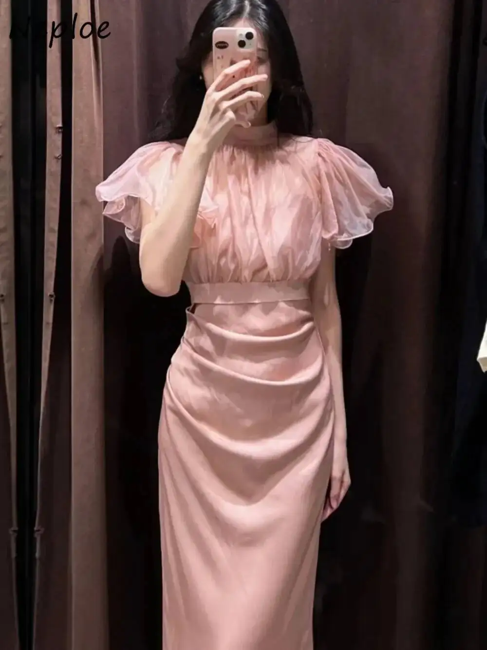 Elegante fino celebridade meia manga gola mujer chiffon fungo retalhos blusa japão estilingue sólido novo vestido