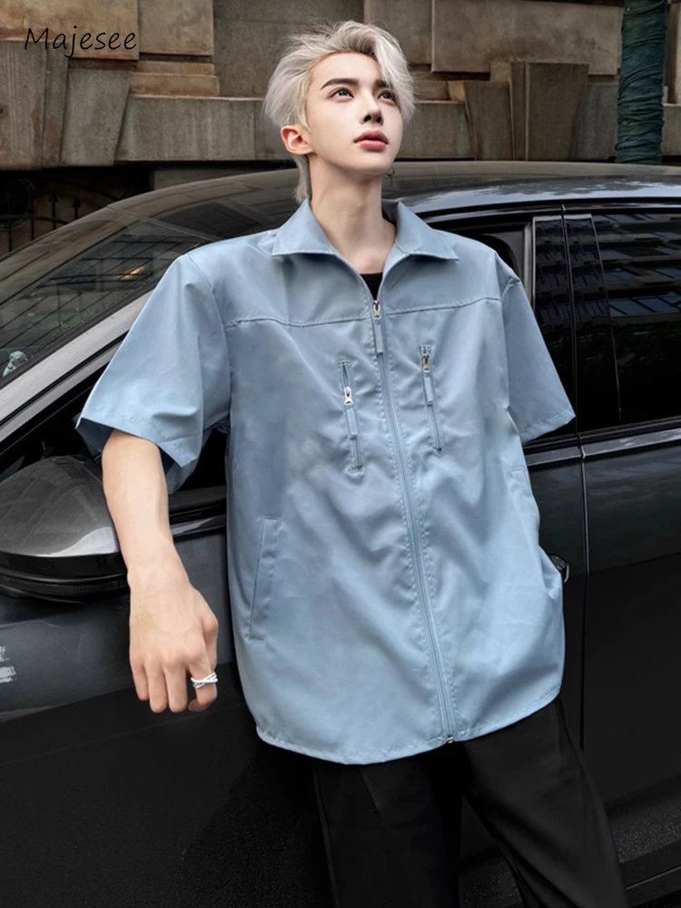 

Men Shirts Solid Colors Loose Zipper Handsome Pockets Shopping High Street American Style Turn-down Collar Trendy Casual Outwear