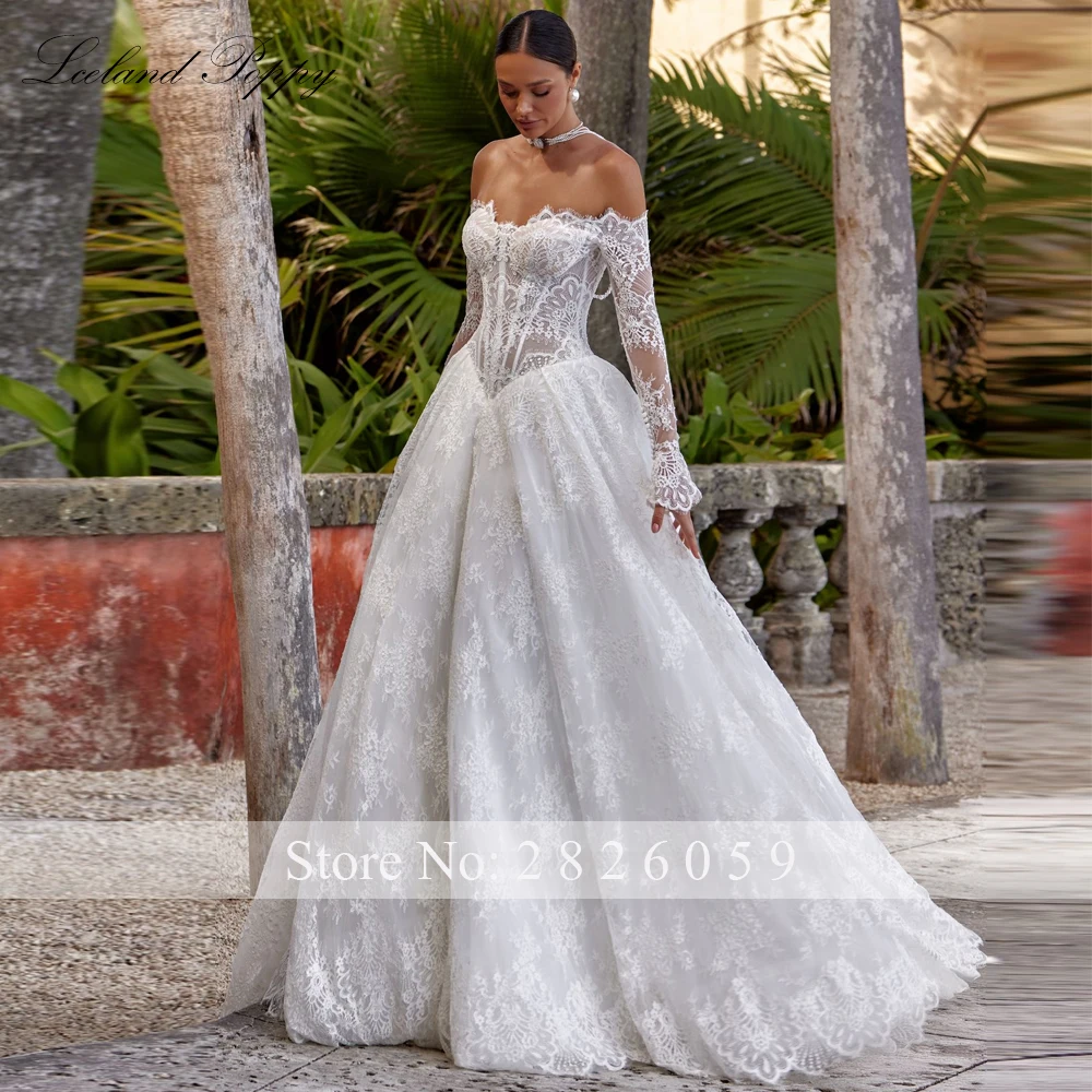 Lceland Poppy Customized A Line Boat Neck Lace Wedding Dresses Full Sleeves Illusion Bridal Gowns with Chapel Train