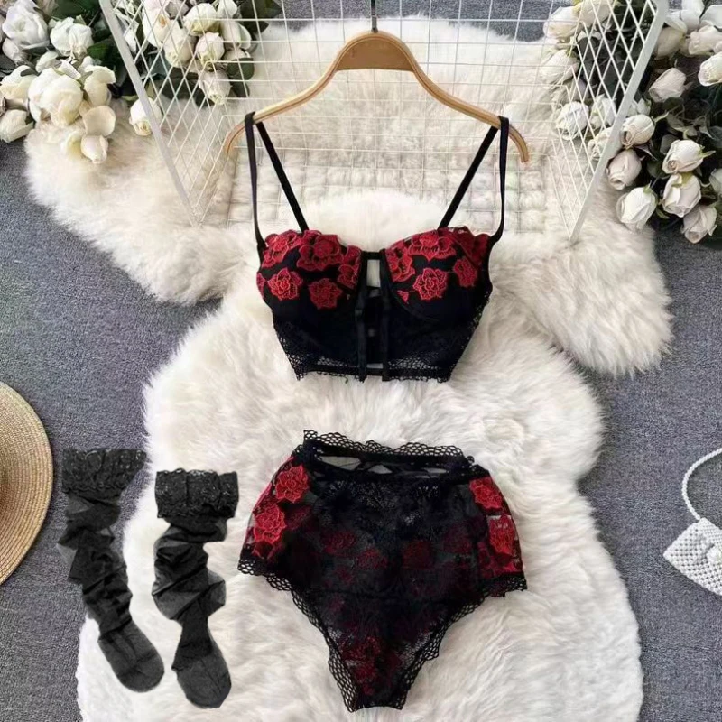 Gathering underwear Set Super Short Tops Sexy Lingerie Patchwork Lace Flowers Black See-through Women\'s Secret Clothes Pajamas