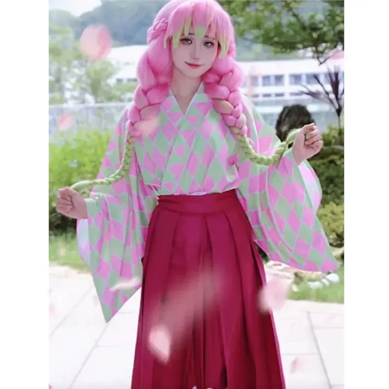 Disfraz de Kanroji Mitsuri, uniforme de demonio de Anime, falda tipo kimono, traje Kimetsu Halloween Taisho, ropa de Cosplay del período de Japón