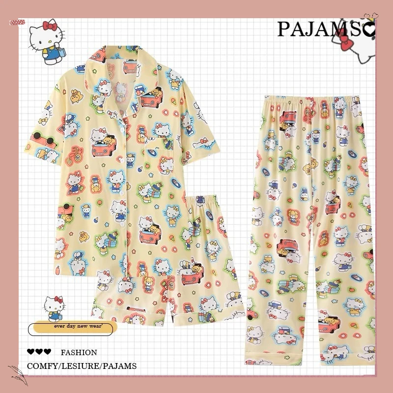 

Sanrio New Nightwear Hellokitty Spring/Summer Short Sleeve Three Piece Set Cute Pacha Dog Kuromi Home Furnishings Best Gift