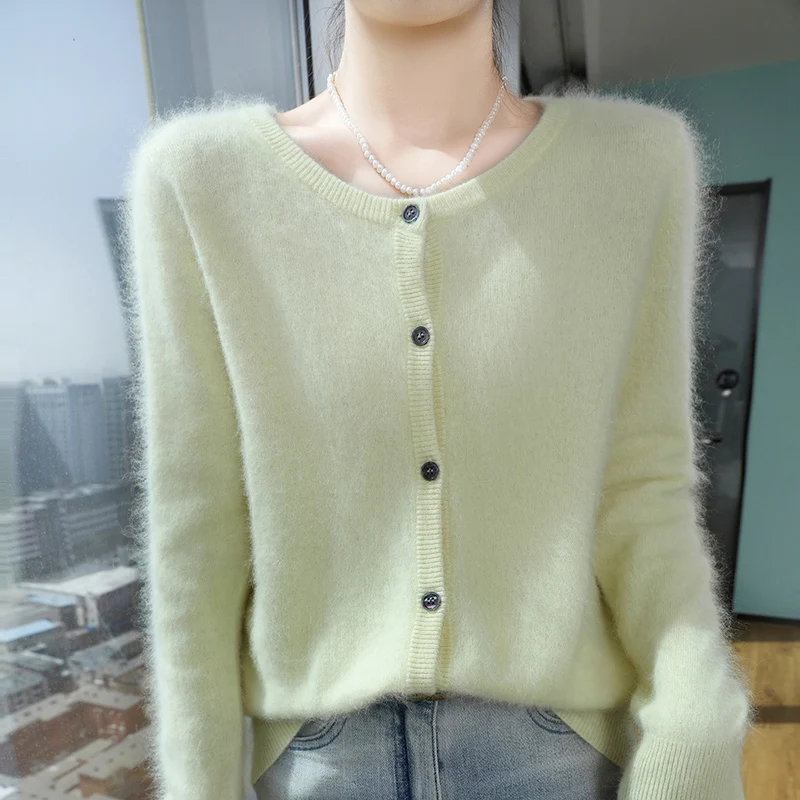 

100% Pure Mink Fur Women's Knitted Cardigan For Autumn And Winter Warm Top, Round Neck Single Breasted High-end Cashmere Sweater