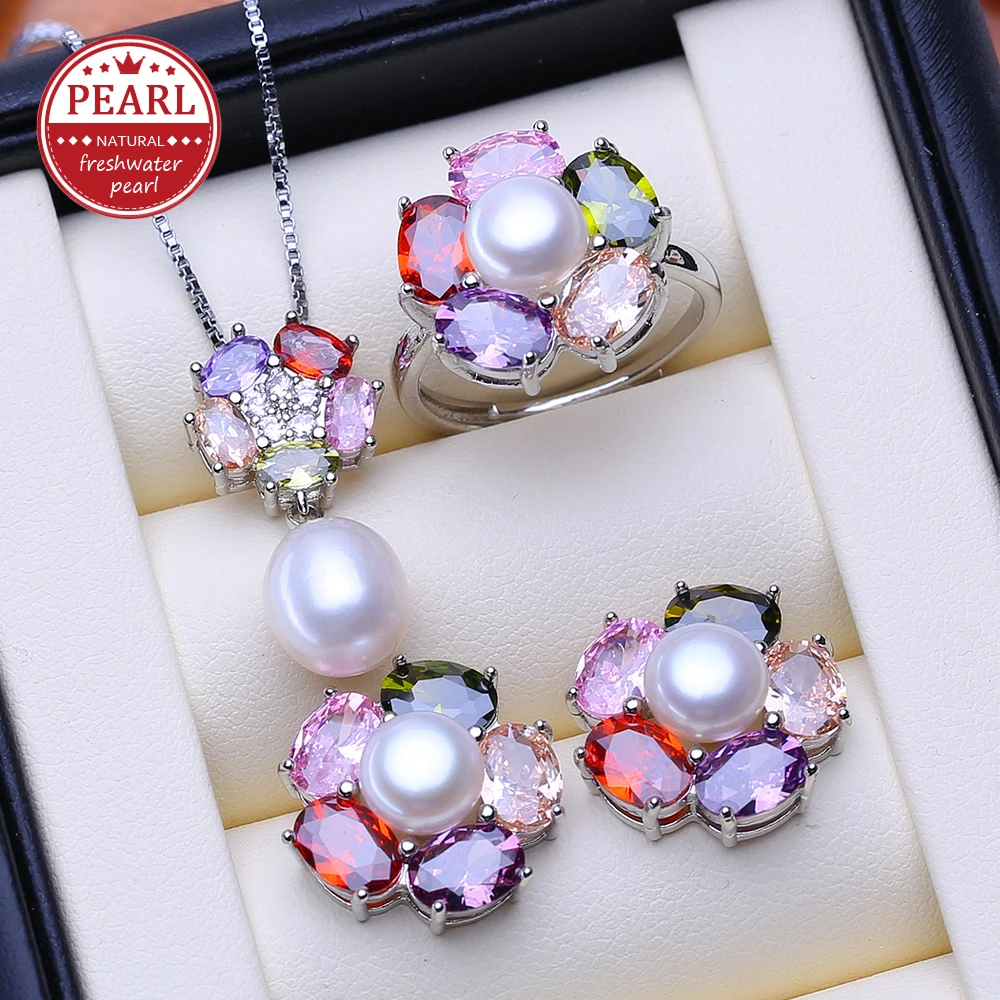 

FENASY, комплекты ювелирных изделий из стерлингового серебра 925 пробы, серьги-гвоздики с пресноводным жемчугом для женщин, красочное ожерелье с подвеской в ​​виде цветка, кольцо для вечеринки