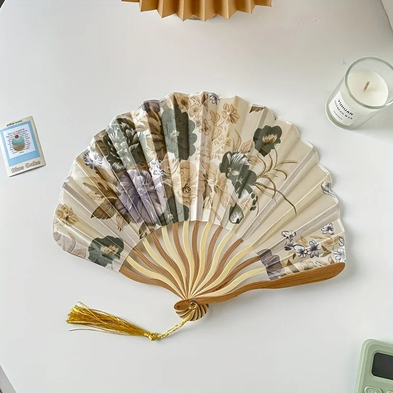 Retro Hand Fan Portable Folding Fans Ink Painting Tassel Manual Dancing Fans Art Craft Elegent Female Woman Fan Christmas Gift