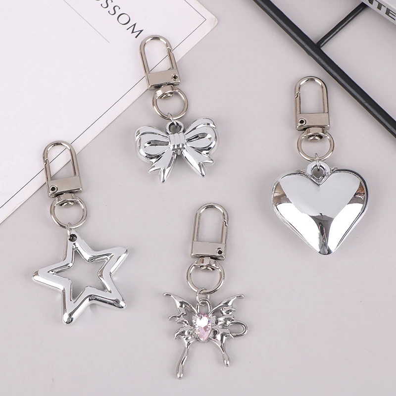 

Korean Simple Star Bow Heart Keychain Headphone Case Charm Bag Pendant Decoration Y2K Silver Color Metal Keyring