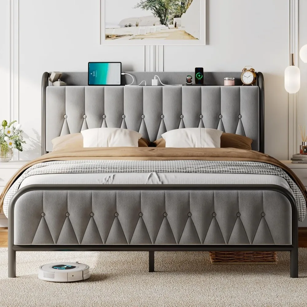 

Queen Bed Frame with Charging Station, Metal Platform, Upholstered Headboard, 12' Storage, Easy Assembly, Noise-Free, Bed Frame
