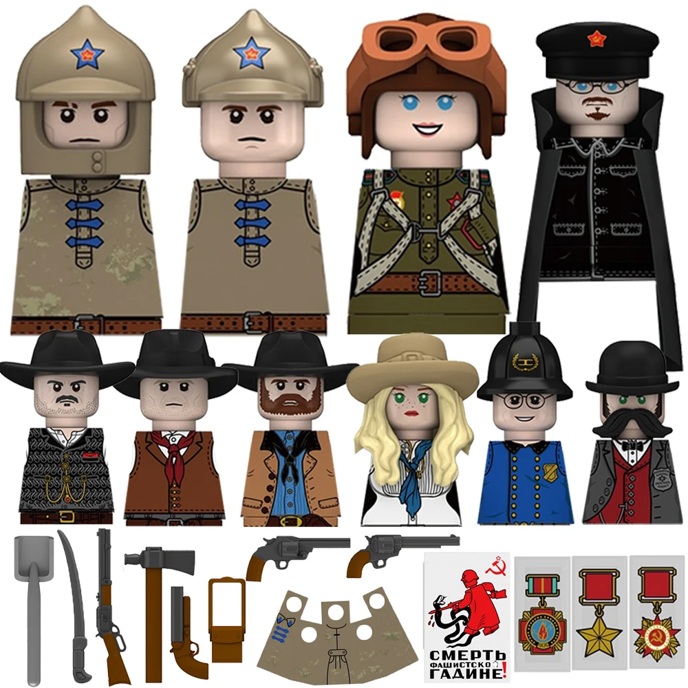 MOC-figura militar soviética de soldado estadounidense, bloque de construcción, piloto de caballería, vaquero occidental, Detective, arma, espada,