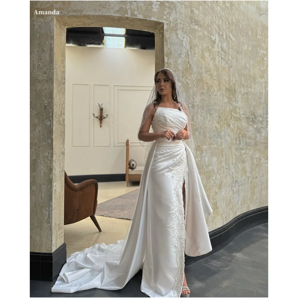 Amanda Customized White Beaded Side Slit Veil robes de soirée Strapless Satin Party Dresses Floor-Length Trailing Prom Dress