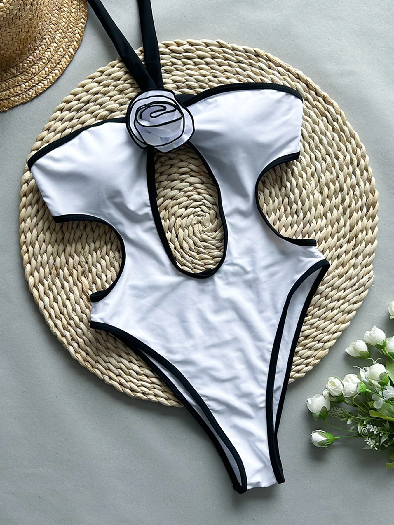 2024 New Sexy 3D Flowers One Piece Swimsuit For Women Halter Push Up Swimwear Female Cut Out Bodysuit Bathing Suit Monokini Swim