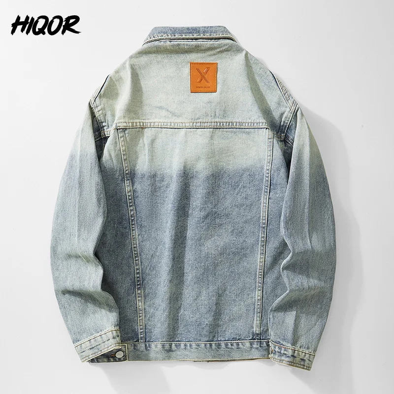 HIQOR Autumn Winter Denim Jackets Men Fashion Letter A Embroidery Design Washed Vintage Men\'s Jacket Coat Oversize Mens Clothing