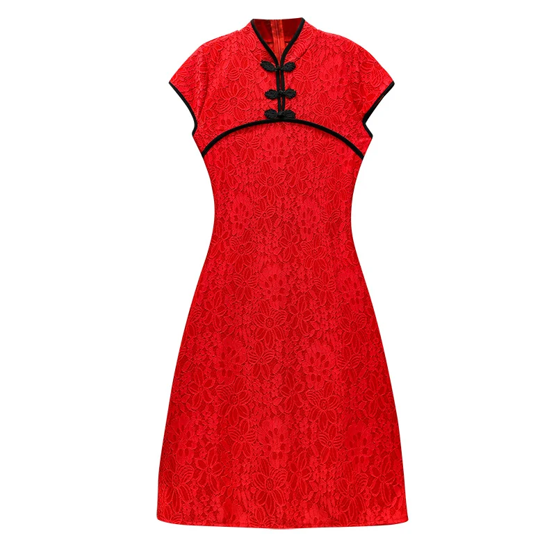 Qipao – robe chinoise moderne à manches courtes pour femmes, Qipao, manches courtes, noir, rouge, dentelle, Style National, Vintage