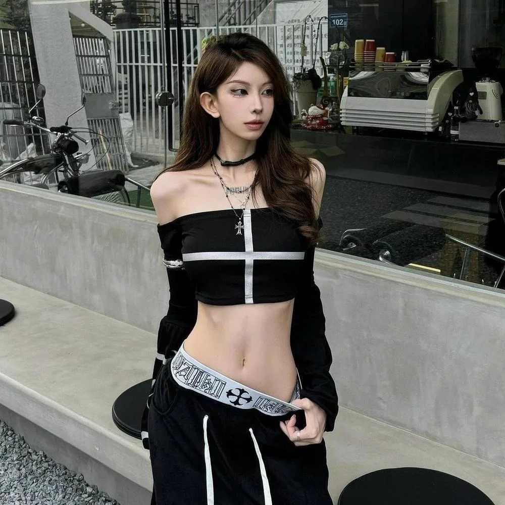 

Женская футболка без бретелек в американском стиле с пикантной девушкой и крестом, летняя высококачественная футболка с рукавами-фонариками, облегающий короткий женский топ Y2K emo